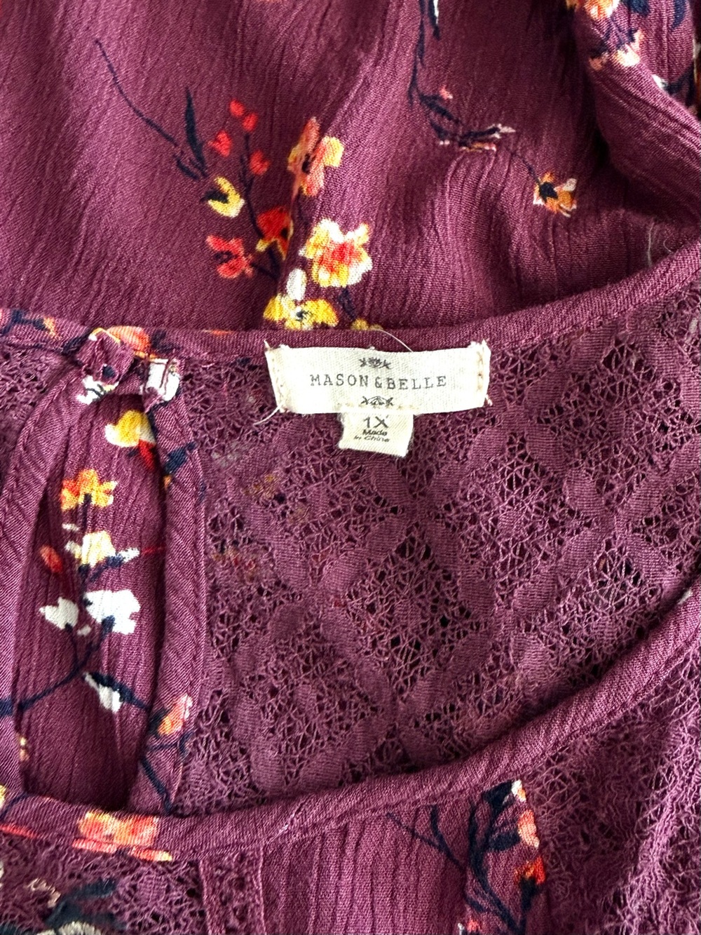 🍁 Mason & Belle Boho Floral Lace Yoke Blouse - Plum 1X - Picture 4 of 8